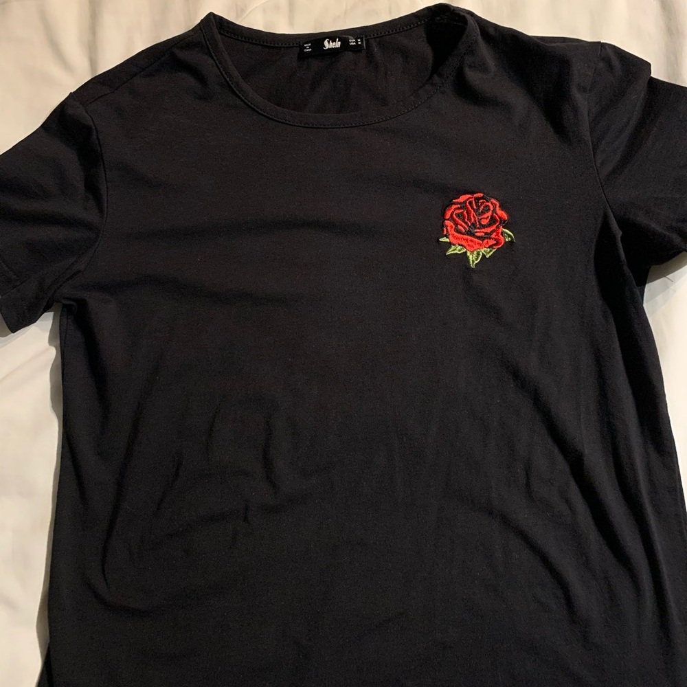 Black T-Shirt With Embroidered Rose